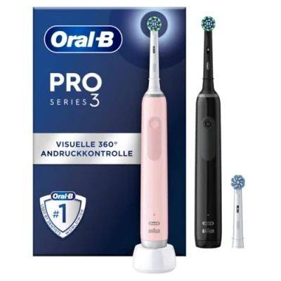 Obrázek Oral B elektrický zubní kartáček pro 3 3900, kartáček, dvojité balení a kartáčky, režimy čištění, 360 kontrola přítlaku péči o zuby, navrženo od Braun, dárek muže/ženu,