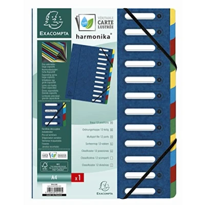Obrázek Exacompta 55122E balení po 6 kusech Premium pořadač Harmonika. Z extra silného kartonu Colorspanu DIN A4 12 přihrádek a 2 gumiček s okénkem indexu pružným hřbetem desky na registry modré