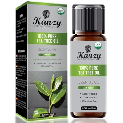 Obrázek Kanzy Tea Tree Oil Bio 100% čistý 10 ml olej na čaj lisovaný za studena šampon, pokožku a proti štěpkům, akné olej, nehty, přírodní éterické oleje pro aromaterapii difuzér