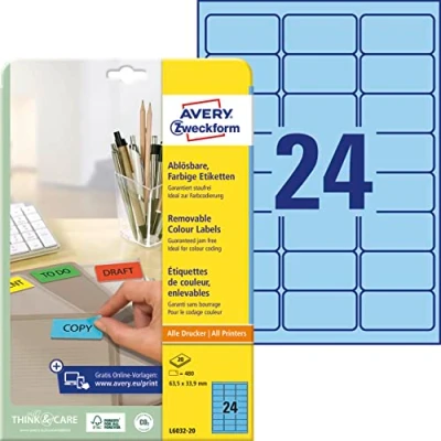 Obrázek AVERY Zweckform L6032 20 Modré etikety (480 nálepek, 63,5 x 33,9 mm na A4, opět beze zbytku odstranitelné, samolepicí barevné etikety, papír matný, potiskovatelné, lepicí etikety) listů