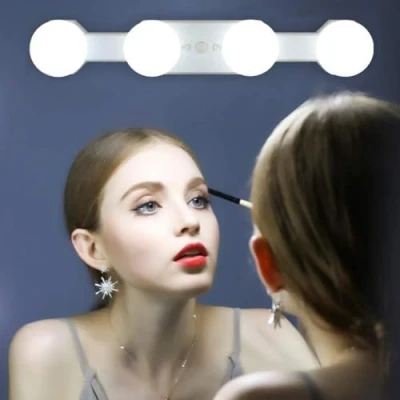 Obrázek LED osvětlení kosmetického zrcadla, světlo make up 4 žárovky stmívatelné pro líčení zrcadlová lampa přenosné, zrcadlové světlo, bezdrátové, dobíjecí, Hollywood Still Koupelna Zrcadlo