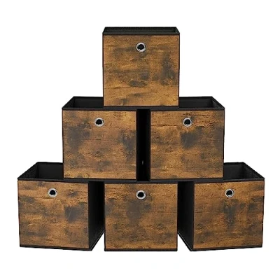 Obrázek SONGMICS Úložný box, 6dílná sada, organizéry z netkané textilie, skládací 26 x 28 cm, látkový pro regál na kostky, organizér oblečení, vintage hnědá barva RFB126B01
