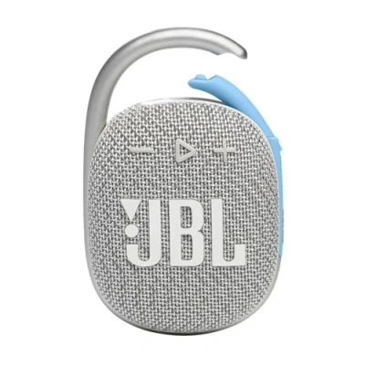 Obrázek JBL Clip 4 Eco Bluetooth reproduktor z recyklovaného materiálu v bílé barvě vodotěsný, přenosný hudební box s praktickou karabinou až 10 hodin bezdrátového streamování hudby
