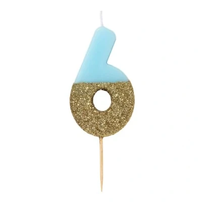 Obrázek Talking Tables Narozeninové svíčky pro narozeninový dort modré 6 narozeninových svíček Cake Topper Zlaté třpytky a modré, vícebarevné, výška 8 cm, 3&quot;, BDAY CANDLE BLU