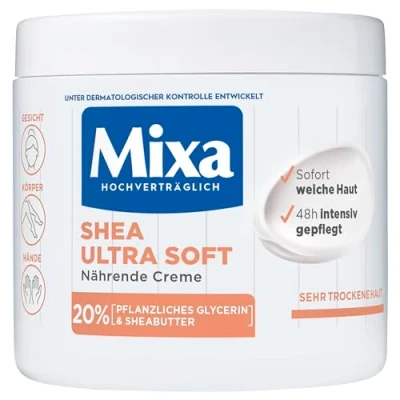 Obrázek Mixa Shea výživný krém, na obličej, tělo a ruce s 20 % rostlinným glycerinem bambuckým máslem pro velmi suchou pokožku, celou rodinu, pečující zvlhčující Ultra Soft, 400 ml