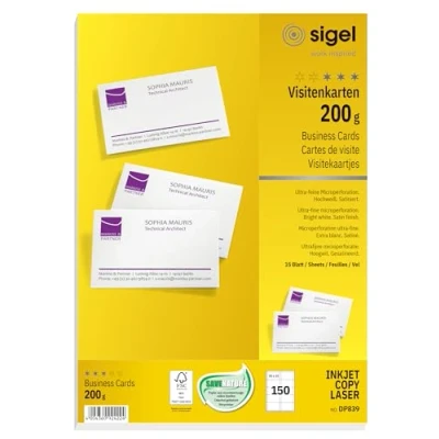 Obrázek SIGEL DP839 vizitky s možností potisku vysoce bílé, 150 kusů (15 listů), 85 x 55 mm, oboustranně potištěné a satinované, 200 g, z udržitelného papíru
