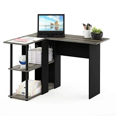 Obrázek Furinno Obložený psací stůl ve tvaru L s regály, dřevo, francouzský dub šedý/černý, 87,5 x 104,5 73,51 cm