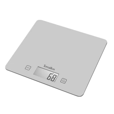 Obrázek Terraillon T1040 STŘÍBRNÁ kuchyňská váha digitální velká skleněná deska Tara kapalná přeměna automatické vypínání rozsah vážení max. 5 kg stříbrná, postříbřená