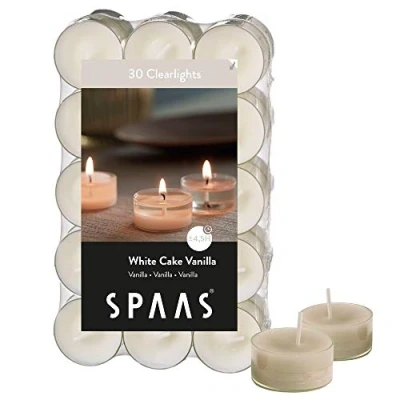 Obrázek Spaas Pack de bougies Godets transparentes parfumées Biscuit vanille 30 Duftenden Clearlights, Teelichter mit durchsichtigem Halter, ± 4,5 Stunden White Cake Vanilla, Elfenbein, D 38 mm x H 19