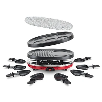 Obrázek H.Koenig RP412 raclette přístroj 4 v 1 / 8 osob raclette, gril z přírodního kamene, palačinka a grilovací deska s pánvičkami 900 W černá/červená