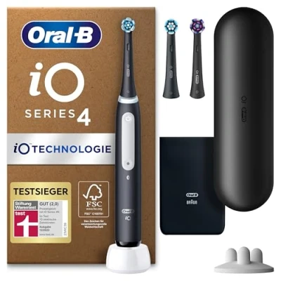 Obrázek Oral B iO Series 4 PLUS Edition elektrický zubní kartáček/elektrický kartáček, 3 nástrčné kartáčky, magnetické pouzdro, režimy čištění, matná černá, design Braun, Vítěz testu Stiftung Warentest