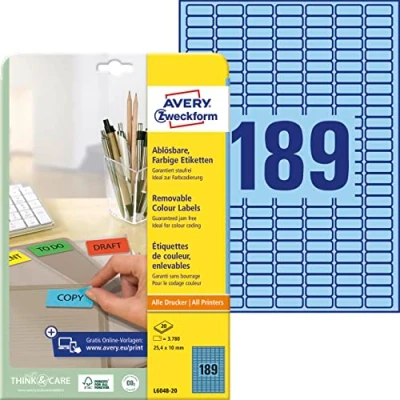 Obrázek AVERY Zweckform L6048 20 Modré etikety (3 780 nálepek, 25,4 x 10 mm na A4, opět beze zbytku odstranitelné, samolepicí barevné etikety, papír matný, potiskovatelné, lepicí etikety) listů