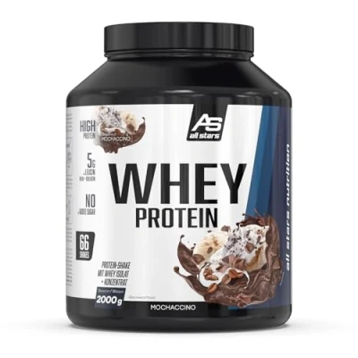 Obrázek ALL STARS Whey Protein (2 kg, mochachino) krémový proteinový koktejl s Isolat + koncentrát vysoce kvalitní prášek až 24 g porce bílkovin 2000
