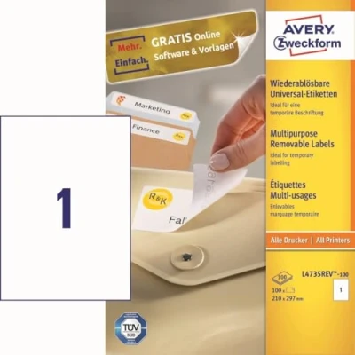 Obrázek AVERY Zweckform L4735REV 25 univerzální etikety (25 plus 5 lepicích etiket extra, 210 x 297 mm na A4, lze opět beze zbytku odstranit/odstranit, potisknutelné, samolepicí nálepky) 30 listů, bílé