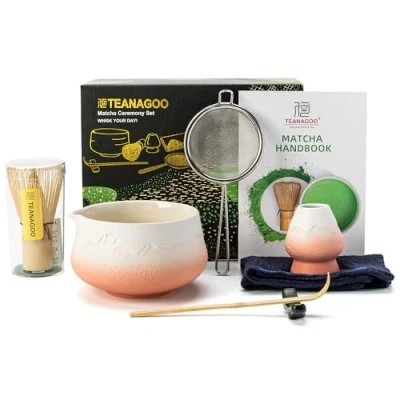 Obrázek TEANAGOO matcha sada Tea miska koště čajová pro přípravu snídaně/matcha latě, N35, barevný přechod oranžový giadient bílá, dárek milovníky