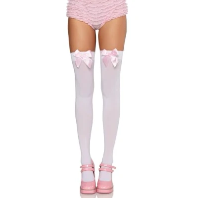 Obrázek LEG AVENUE Women&#039;s Opaque Thigh High Stockings with Satin Bows, bílá