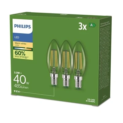 Obrázek PHILIPS Classic ultraeffiziente LED Lampe mit Energieeffizienzklasse A, ersetzt 40W, E27 Sockel, Kerze, klar, warmweißes Licht (2700K), 3er Pack, neue Generation, Warmweiß