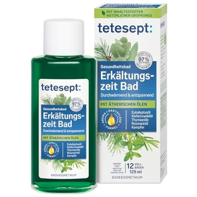Obrázek tetesept Doba nachlazení koupel zdravotní pro chladné roční období s 5 éterickými oleji blahodárná přísada do koupele uvolnění těla a ducha 1 x 125 ml