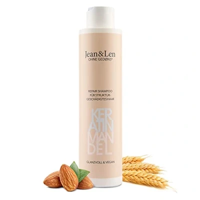 Obrázek Jean &amp; Len Repair šampon Keratin mandle, pro vlasy poškozené a nepoddajné struktury, zpevňuje frizz, zdravější vypadající vlasy, bez parabenů silikonů, veganský, 300 ml