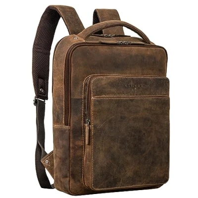 Obrázek STILORD Batoh na laptop Nicky, 13 palců, kůže, středně velký, dámský, pánský kožený batoh, vintage business, příruční zavazadlo, cestovní pravá Bergamo hnědá,