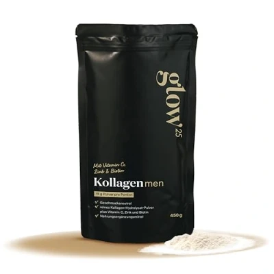 Obrázek Glow25® Kolagenový prášek Men Edition [450g] nový vzhled hydrolyzované kolagenu s vitamínem C, zinkem a biotinem peptidy typu 1 3 dobrá rozpustnost