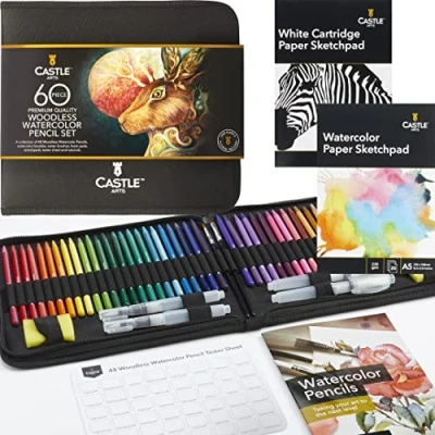 Obrázek Castle Art Supplies 60dílná sada bezdřevých akvarelových pastelek 48 stabilních, vysoce kvalitních pigmentovaných tužek plus extra celé jádro, žádné dřevo pro profesionály, začátečníky, barevné