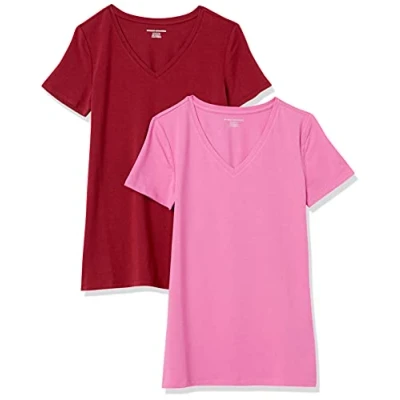 Obrázek Amazon Essentials Dámské tričko s krátkými rukávy a výstřihem do v normálním střihu, balení po 2 kusech, vínová / růžová, L