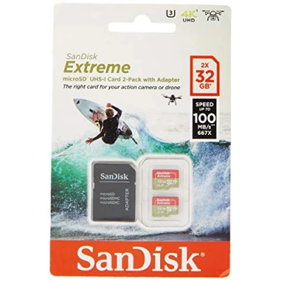 Obrázek SanDisk Extreme microSDHC 2 x 32 GB UHS I rychlostní třída 3. Zápis až 100 MB / s, 60 paměťová karta třídy 10 s SD adaptérem