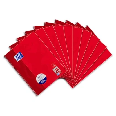 Obrázek OXFORD 100050361 Kroužkový blok Škola 10 kusů v balení/ formát A4 kostkovaný s dvojitým okrajem/ 80 listů 90 gsm hedvábně vyhlazený papír perforovaný, červený