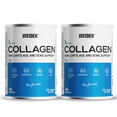 Obrázek Weider Kolagenový prášek Duo Pack, kolagenové peptidy ve vysokých dávkách, s kyselinou hyaluronovou, hořčíkem a vitaminem C, bez cukru, pro zdravou pleť, chrupavku kosti, 2 x 300 g (2 30 porcí!)