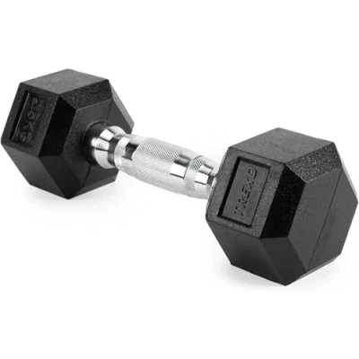 Obrázek TREXO Šestiúhelníkové činky 2,5 kg Hex krátké s trvanlivou gumovou litinou pro silový trénink ergonomickou chromovanou rukojetí závaží doma činka muže i ženy