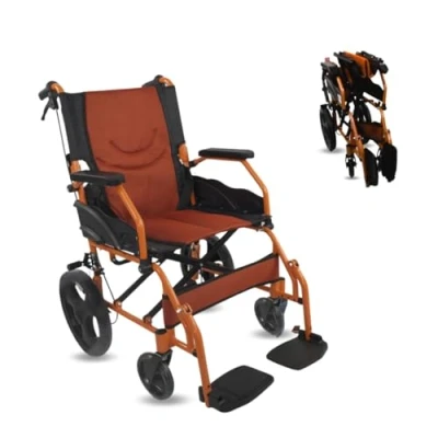 Obrázek Mobiclinic®, Invalidní vozík, skládací, lehký, sedák 46 cm, dva brzdové systémy, sklopné opěradlo zad, hliník, opěrky nohou, model Pirámide, malá kola, pevné loketní
