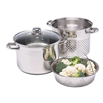 Obrázek KitchenCraft Hrnec na těstoviny World of Flavours se sítkem a košem zeleninu v dárkové krabičce, bezpečný pro indukci, ušlechtilá ocel, 4 litry, 28 x 18 cm, stříbrný
