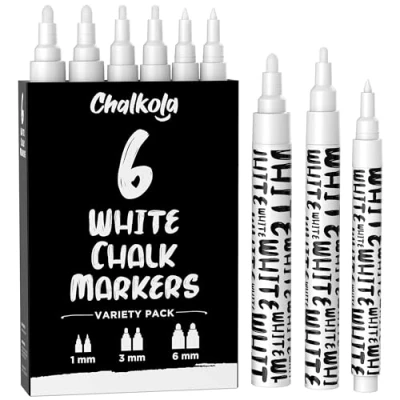 Obrázek Chalkola Křídové popisovače na tabuli omyvatelné bílé 6 křídových popisovačů 1 mm, hrot 3 mm a křídová tužka bílá okna, tabule, jako skleněné zvýrazňovače pro všechny
