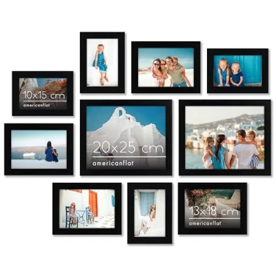 Obrázek Americanflat 10 teiliges Collage Bilderrahmen Set Schwarz für Wand &amp; Tisch Zwei 20x25 , Vier 13x18 10x15 Rahmen Rahmenset mit Bruchsicherem Glas, Aufhängevorrichtungen Aufstellern