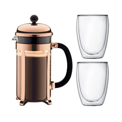 Obrázek Bodum K1928 18 1 Chambord Set Kaffebereiter 8 Tassen mit 2 Gläser 35 cl Doppelwand Pavina, Chrom, Liter, Pink, 14.9 x 26.8 32.5 cm