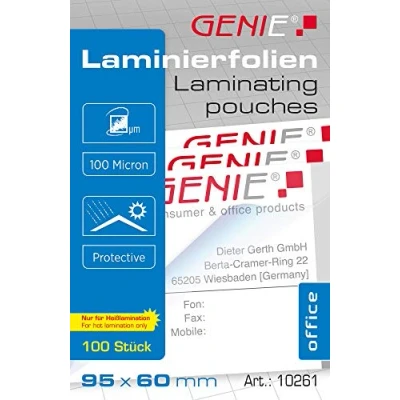 Obrázek Genie 10261 laminovací fólie (100 mikronů, pro formáty až na vizitky, 95 x 60 mm) balení po 100 kusech, čiré
