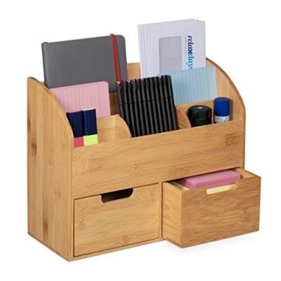 Obrázek Relaxdays Organizér na psací stůl, 6 přihrádek, 2 zásuvky, pro kancelářské potřeby, bambus, odkládací plocha, 26 x 33 13,5 cm, přírodní