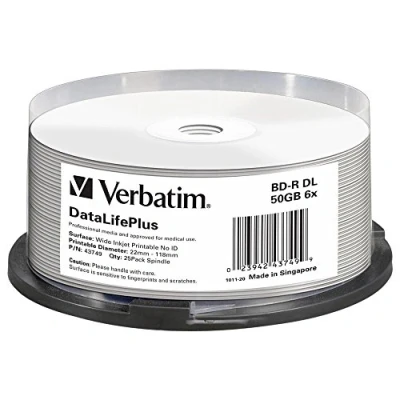 Obrázek Verbatim BD R DL Blu ray polotovary 50 GB, disk s 6násobnou rychlostí zápisu, balení 25 vřetena, velkoplošné potisk, disky pro video a audio soubory