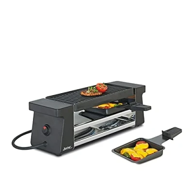 Obrázek Spring raclette pro 2 osoby COMPACT černý, stolní gril elektrický, nepřilnavá hliníková grilovací deska, pánvičky na a špachtle, plocha odstavování, 34,5 x 10,5 11,5 cm, 400 W,