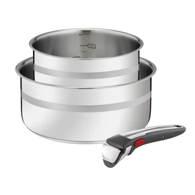 Obrázek Tefal 3dílná sada hrnců Jamie Oliver Ingenio, 1 odnímatelná rukojeť, 2 hrnce z ušlechtilé oceli, indukční, vhodné do trouby, šetří místo, měřicí značky, L977S344