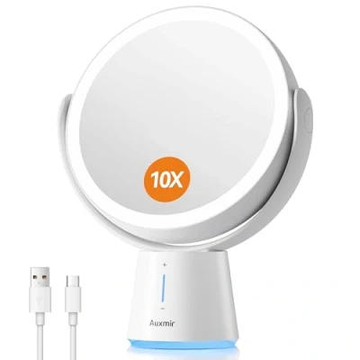 Obrázek Auxmir Dobíjecí kosmetické zrcadlo s osvětlením, 1x / 10x oboustranné stolní zrcadlo, 2500 mAh a 5 stmívatelných jasů, zrcátko 52 přírodními LED světlem do ložnice, toaletního stolku