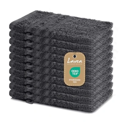 Obrázek Lavea 10dílná sada žínek na praní 15 x 21 cm silné a měkké žínky ze 100% bavlny, froté série Elena omyvatelné odolné antracitová