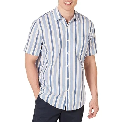Obrázek Amazon Essentials Herren Kurzärmeliges Hemd aus Popeline, Normale Passform, Blau Weiß Streifen, M