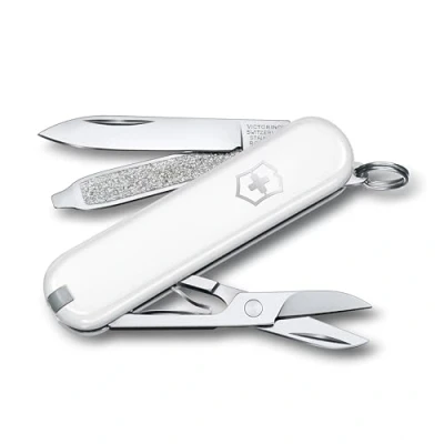 Obrázek Victorinox Švýcarský kapesní nůž, malý, klasický SD, Multitool, nůž Swiss Army, dárek, 7 funkcí, čepel, pilník na nehty, bílý