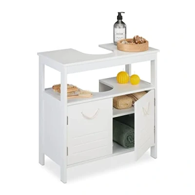 Obrázek Relaxdays skříňka pod umyvadlo, 2 přihrádky, otvor na sifon, rukojeť lano, do koupelny, V x Š H 60 30 cm, bílá