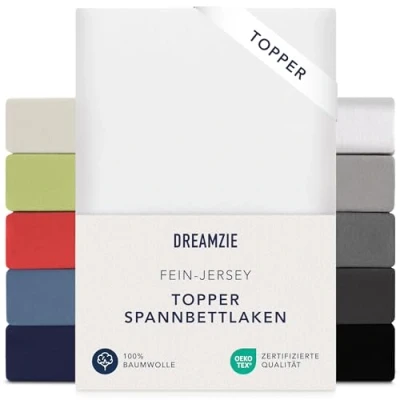 Obrázek Dreamzie Premium Topper napínací prostěradlo 180 x 200 cm extra nízká výška stran pro toppery Jersey bavlna, 150 g/m² Oeko TEX bílá
