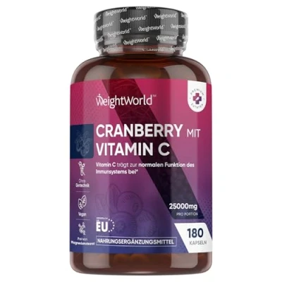 Obrázek Extrakt z brusinek s vitaminem C odpovídá cca 25 000 mg (50:1) zásoba 6 měsíců 180 brusinkových kapslí 200 Vit imunitní systém, metabolismus přírodní přísady WeightWorld