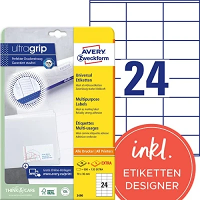 Obrázek AVERY Zweckform 3490 adresních nálepek (600 plus 120 lepicích etiket extra, 70 x 36 mm na A4, papír matný, tištěné štítky pro odesílatele, samolepicí adresní s ultragripem) 30 listů, bílé