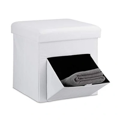 Obrázek Relaxdays Skládací taburet, len, sedací kostka, úložný box se sklápěcí, odnímatelné víko, stabilní, podnožka, V x Š H 38 cm, bílá